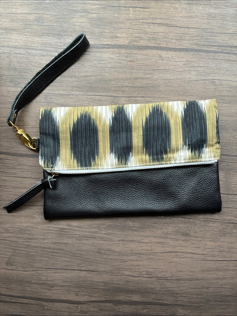 Navy Leather Wristlet Clutch 91/2” X 6” with Olive Patterned Accent